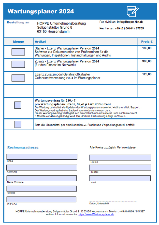 Bestellformular Prüf- und Wartungsmanager als PDF