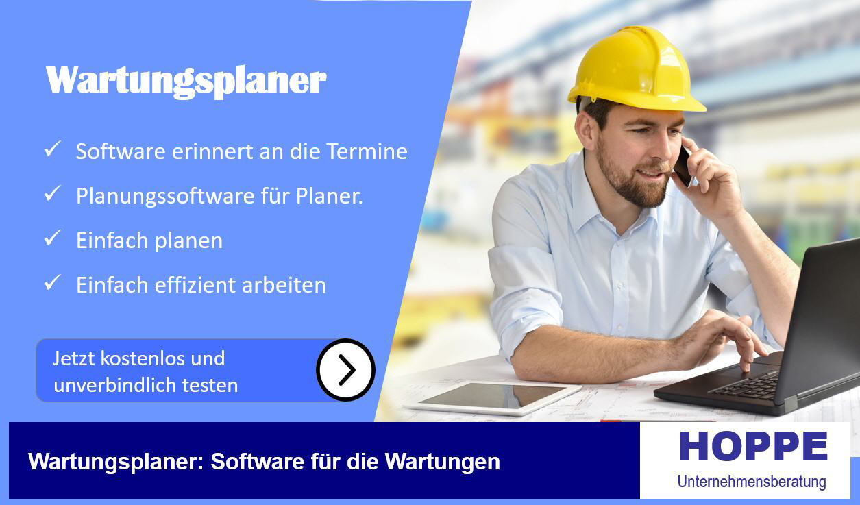 Service Software organisiert Wartungen.  Direkter Kontakt Müller Instandhaltung mit einem Service System Maschinenservice und M-Wartungen organisieren Software Prüf- und Wartungsplaner von Hoppe