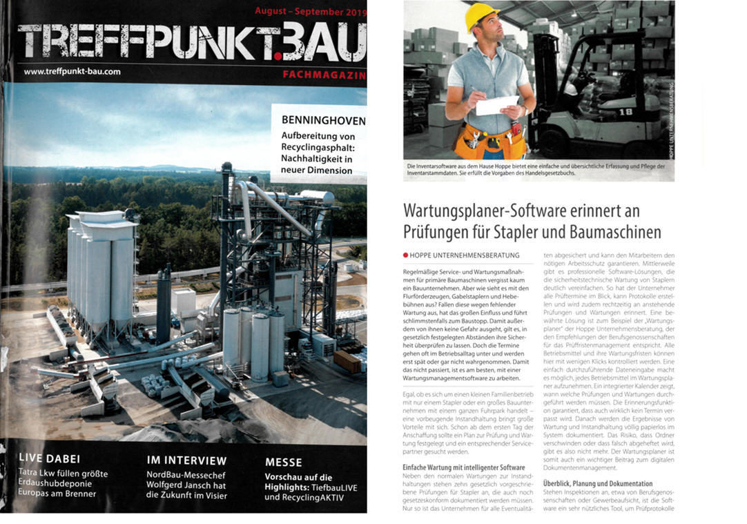 Treffpunkt Bau - Wartungsplaner Software erinnert an Prüfungen für Stapler und Baumaschinen